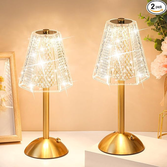 Liliful 2 Pcs Cordless Table Lamp Rechargeable Touch LED Small Gold Portable Battery Operated USB-c Desk Lamp 3 Color Dimmable for Bedroom Living Room Dining (Gold,Hexagonal Diamond Style)