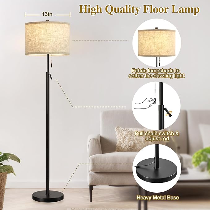 GyroVu Black Floor Lamp, Height Adjustable Standing Lamp Tall Lamp with Fabric Lampshade&Pull Chain Corner Floor Lamps for Living Room, Bedroom & Office Bulbs Not Included(Black Base)