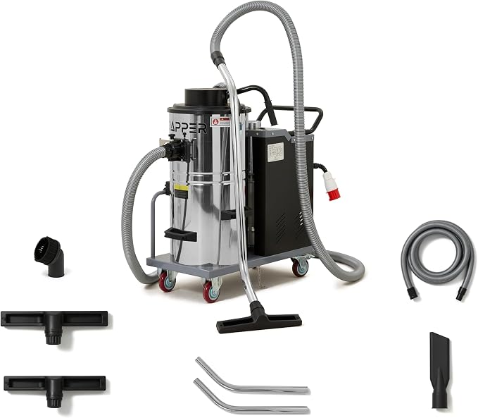 Industrial Wet/Dry Vacuum Cleaner with HEPA Filter, 24 Hour Operation, 7 Peak HP, 223.5 CFM, 14.5 Gallon Stainless Steel Tank, 220V 3-Phase — Ideal for Factories, Warehouses & Auto Shops