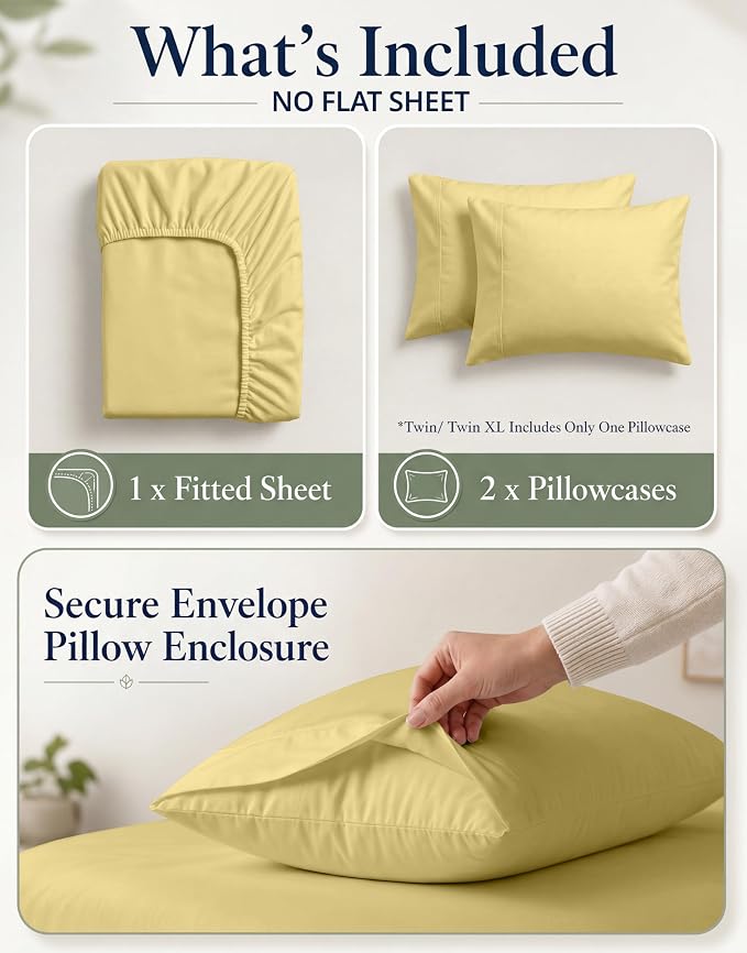 LANE LINEN Twin XL Fitted Sheet, 100% Organic Cotton 2-Piece Set (1 Fitted Sheet, 1 Pillowcase), Percale Weave, Bottom Sheet, Soft, Breathable, Fits Mattress Upto 15" Deep - Cocoon (No Flat Sheet)