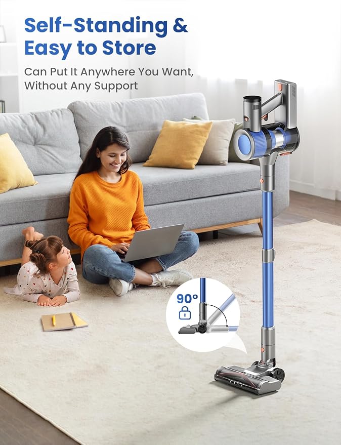 Dzaki Cordless Stick Vacuum Cleaner, 50KPa Brushless Motor Vacuum with Anti-Tangle, LED Display, 55-Min Runtime & Detachable Battery for Pet Hair, Carpet & Hardwood Floors (Blueorange)