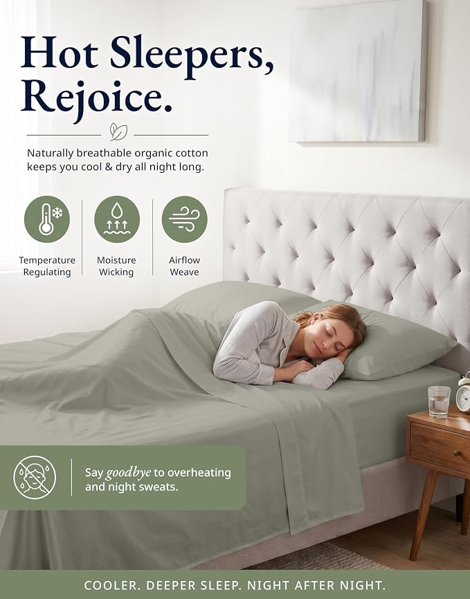 LANE LINEN Twin XL Fitted Sheet, 100% Organic Cotton 2-Piece Set (1 Fitted Sheet, 1 Pillowcase), Percale Weave, Bottom Sheet, Soft, Breathable, Fits Mattress Upto 15" Deep - Silver (No Flat Sheet)