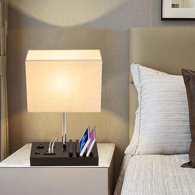 Briever USB Table Lamp, Multi-Functional Desk Lamp with 2 AC Outlets, Bedside Lamp with 3 USB Charging Ports and Wooden Phone Stands, Nightstand Lamp for Bedroom, Livingroom, Office, Linen Shade