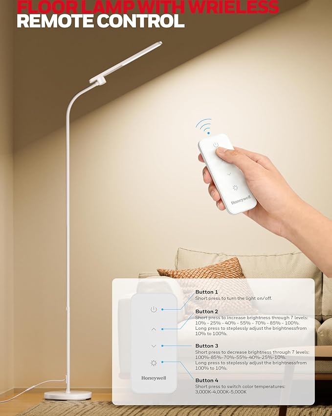 Honeywell LED Floor Lamp for Reading, CRI97 Full Spectrum Gooseneck Floor Lamp with Remote, Eye-Caring Dimmable Standing Task Light, 3 Color Temperatures, 77.5" Tall for Living Room Bedroom Office