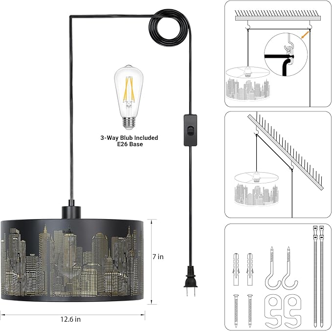 Qingmiao Plug in Pendant Light, Hanging Lamp Plug in with LED Bulb, 3-Way Dimmable Hanging Light Fixture for Living Room Bedroom Kitchen Ceiling Farmhouse Home Decor