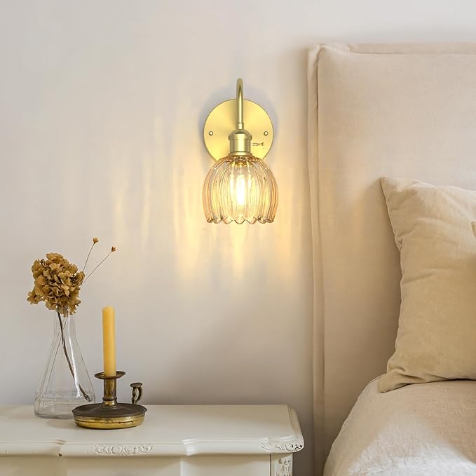 Wall Sconces Lights Lamp for Bedroom Bathroom, Modern Vanity Light Fixtures, Wall Mount Lighting Vintage Tulip Amber Glass Shade for Living Room Mirror Hallway Kitchen