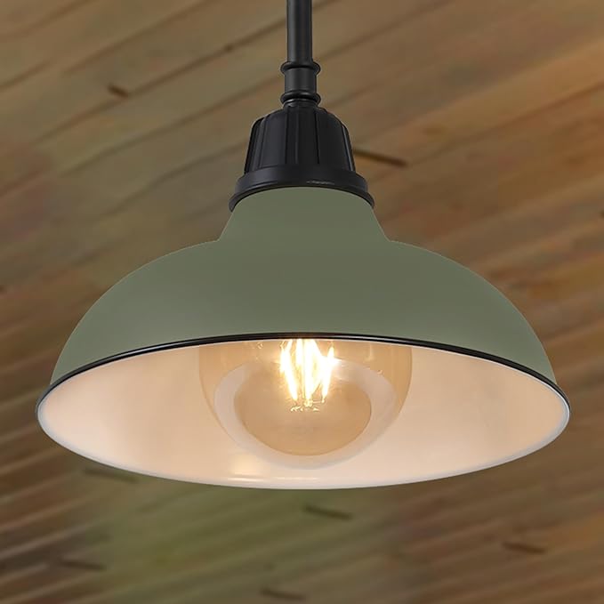 JONATHAN Y 12.25" Matte Olive Green 1-Light Farmhouse Indoor/Outdoor LED Pendant Iron Hanging Light, and Black Metal Shade, Rustic Ceiling Lamp for Kitchen Island, LED Bulb Included (JYL7611I)