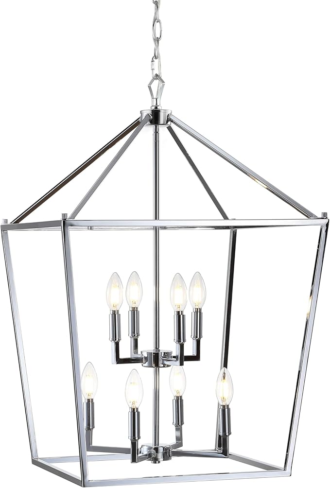 JONATHAN Y 20" Chrome Lantern Pendant Light, 1-Light Pagoda Style Metal Cage Farmhouse Hanging Ceiling Fixture for Kitchen Island, LED Bulb Included (JYL7438C)