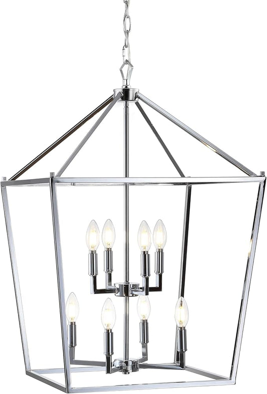 JONATHAN Y 20" Chrome Lantern Pendant Light, 1-Light Pagoda Style Metal Cage Farmhouse Hanging Ceiling Fixture for Kitchen Island, LED Bulb Included (JYL7438C)