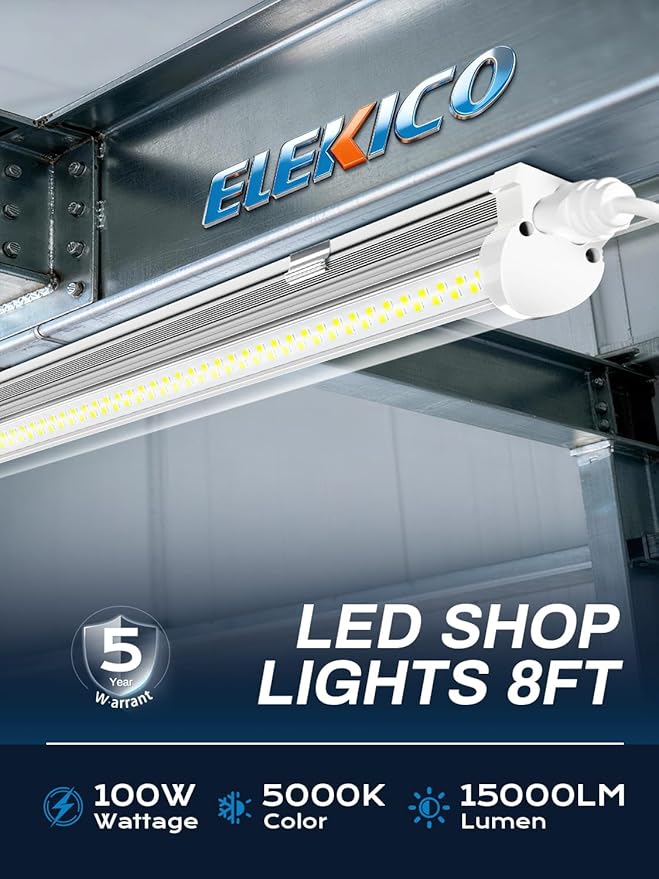 Super Bright 100w 8ft Led Shop Lights 10-Pack| 5000K 15000lm Linkable 8' Led Ceiling Garage Lighting Light Fixtures For Upgrades Garage Shop Workshop Warehouse Barn Lighting| Fluorescent Replacement