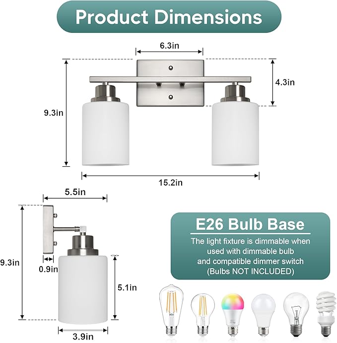 Ascher Bathroom Light Fixtures, 2-Light Vanity Light Over Mirror, Brushed Nickel Wall Sconces with Milky White Frosted Glass Shades, Wall Lamp for Living Room Bedroom, E26 Base(Bulbs Not Included)