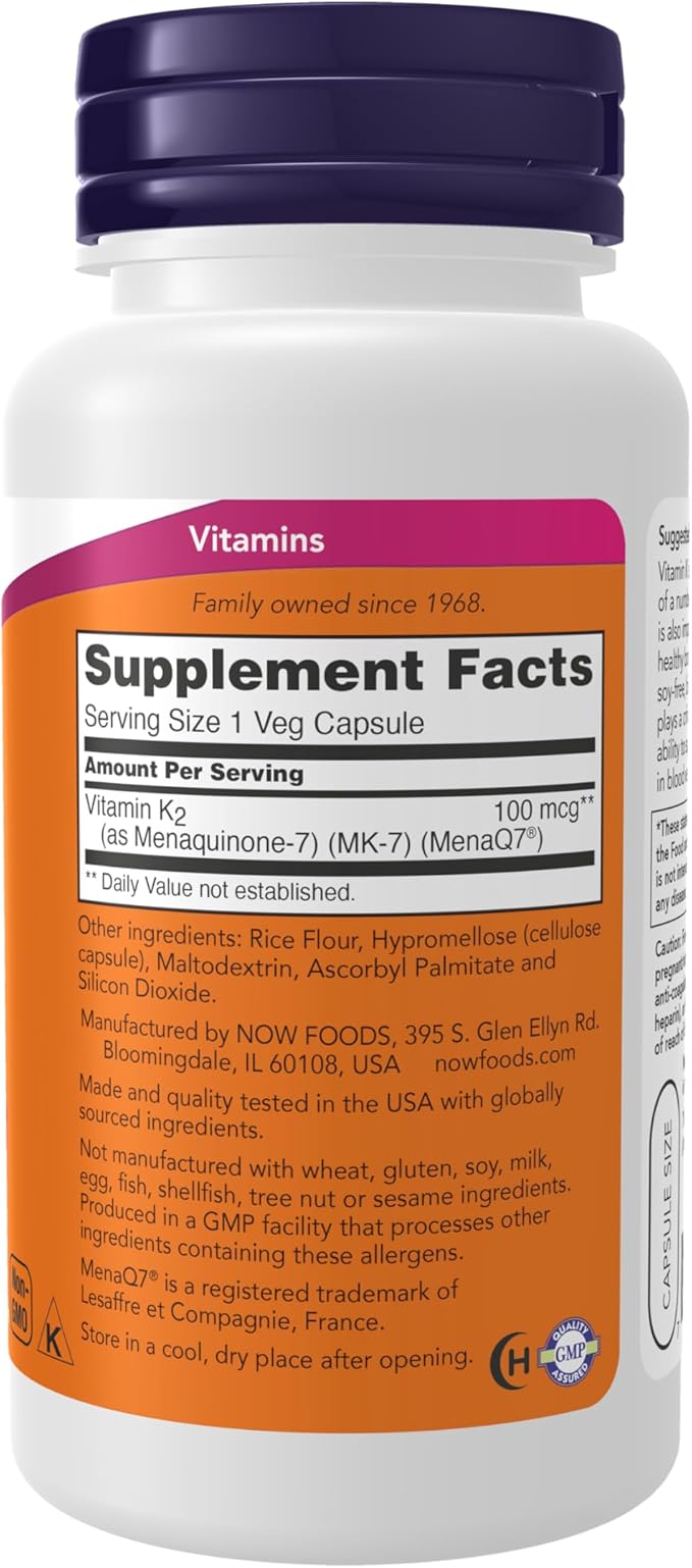 NOW Foods サプリメント、MK-7 ビタミンK-2 100mcg、循環器の健康をサポート*、骨の健康をサポート*、植物性カプセル120粒