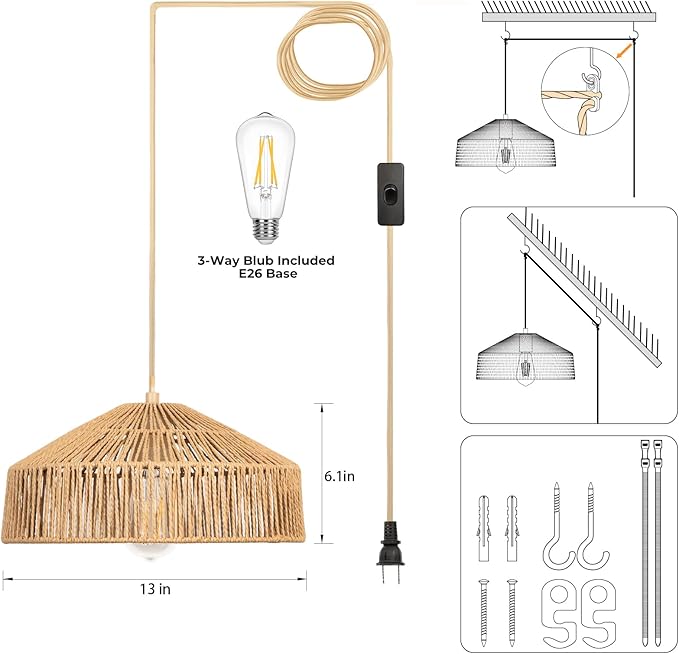 Qingmiao Boho Plug in Pendant Light, Rattan Hanging Lamp Plug in with Woven Shade, 3-Way Dimmable Hanging Light Fixture for Living Room Bedroom Kitchen Ceiling Home Decor
