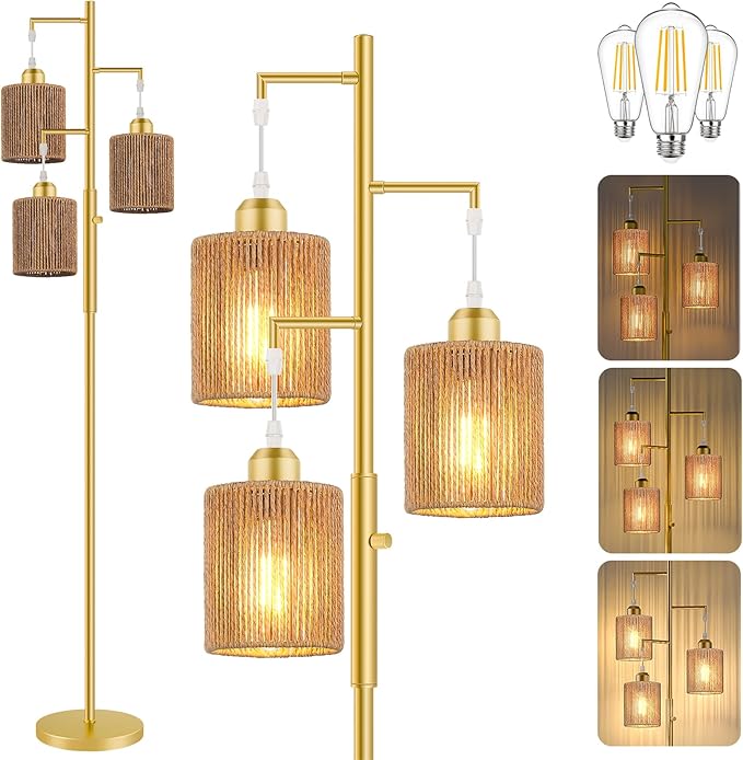 Hotsonic 72" Tall Boho Rattan Style Floor Lamp with Hand-Woven Paper Cord Shade, Dimmable Industrial Tree Standing Lamp for Living Room, Bedroom, Study Room, Office (3 x 800LM Bulbs Included) - Gold