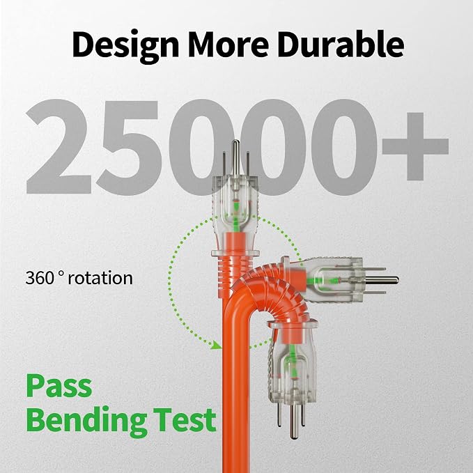 POWGRN 100 ft 12/3 Outdoor Extension Cord Waterproof Heavy Duty with Lighted Indicator End 12 Gauge 3 Prong, Flexible Cold-Resistant Long Power Cord Outside, 15Amp 1875W SJTW Orange ETL Listed