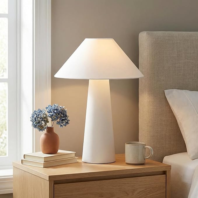 Novogratz x Globe 18" Ceramic Table Lamp, Matte Cream, Off-White Tapered Fabric Shade, in-Line Rocker Switch, 5 Ft. Clear Cord, Home Office, Desk, Living Room