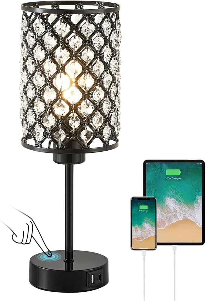GyroVu Crystal Table Lamp, Black Lamp for Bedroom Nightstand with USB C+A Ports, Dimmable Touch Lamp with Crystal Shade, Bedside Lamp Small Lamp for Bedroom, Living Room, Office (Bulb Included)