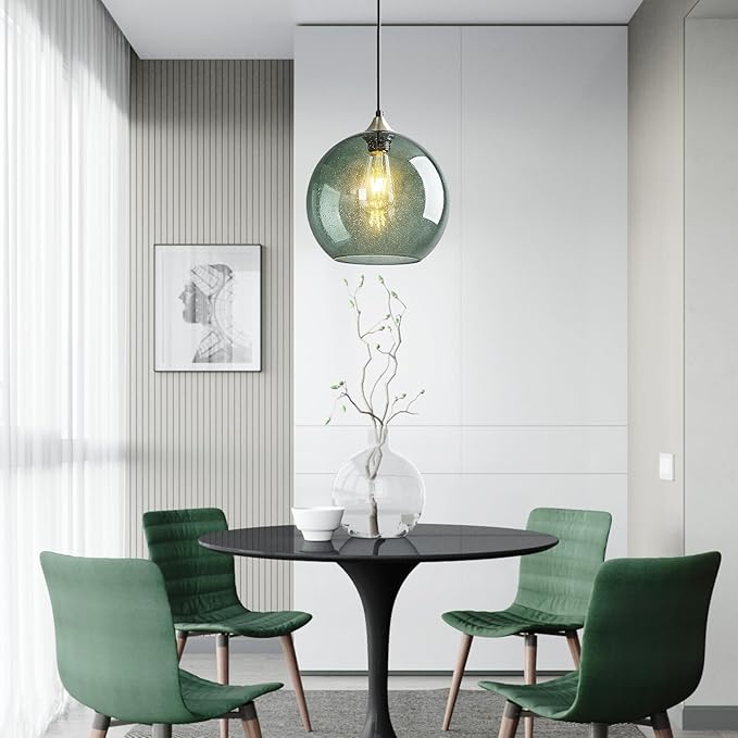 Mikeru Glass Globe Pendant Light Single, 7.87 Inch Gray Green Bubble Glass Hanging Lamp, Mid Century Modern Pendant Lighting for Kitchen Island Dining Room Bedroom (Bulb Not Included)