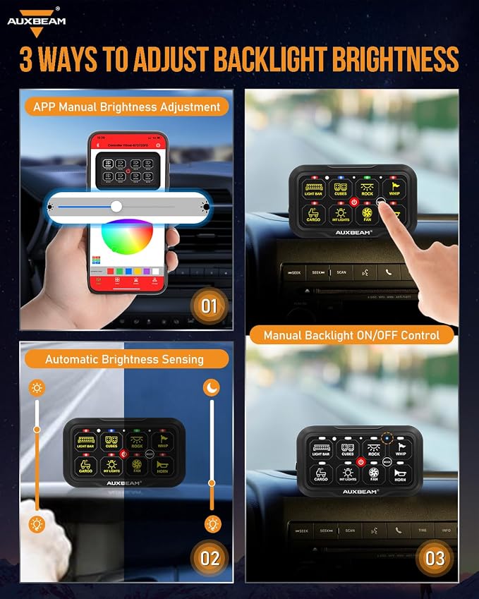 Auxbeam RGB Bluetooth 8 Gang Switch Panel AR-820 Toggle Momentary Pulsed Switch Pod for Truck UTV Offroad Boat Auxiliary LED Light Controller with Circuit Relay System Box Waterproof, 3-Year Warranty
