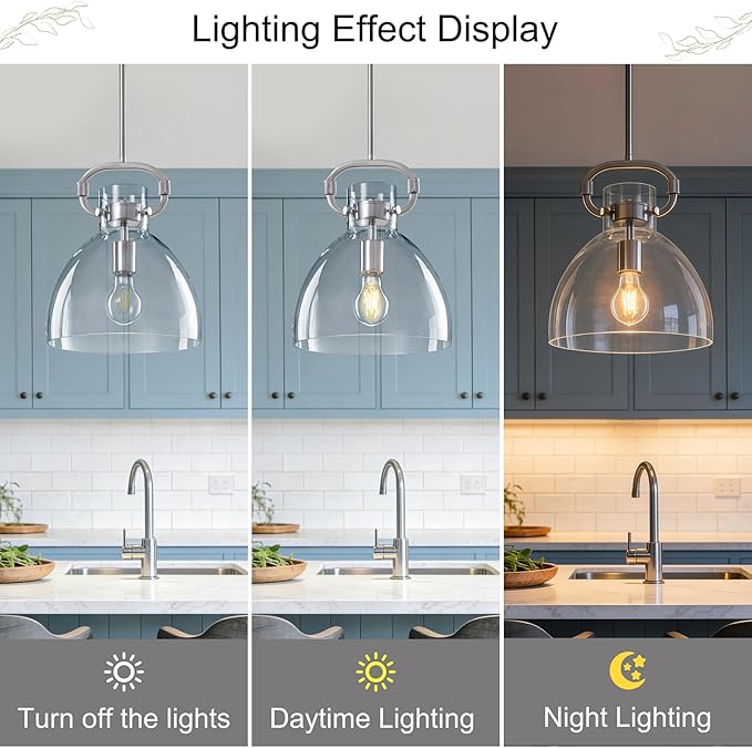 9.8'' Brushed Nickel Kitchen Pendant Lighting Over Island, Modern Pendant Lights Fixture,1-Light Adjustable Glass Pendant Lights for Kitchen Island Dining Room Bedroom E26