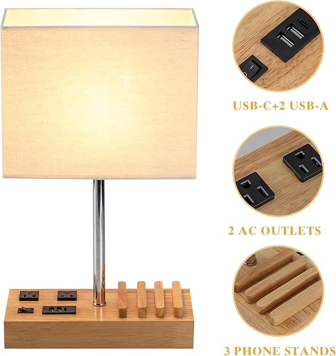 Briever USB Table Lamp, Multi-Functional Desk Lamp with 2 AC Outlets, Bedside Lamp with 3 USB Charging Ports and Wooden Phone Stands, Nightstand Lamp for Bedroom, Livingroom, Office, Natural Wood