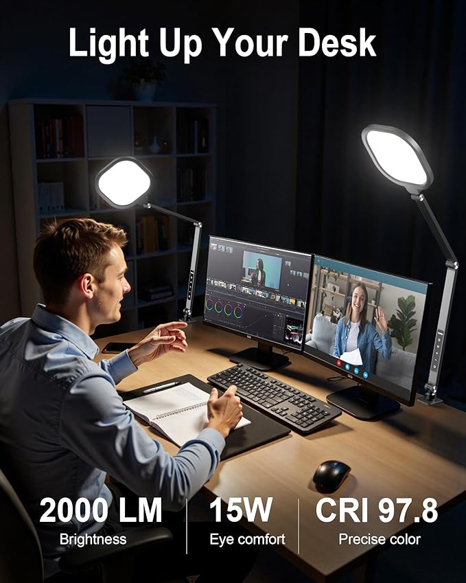 Desk Lamps for Home Office, 2000LM Eye-Caring Desk Light with Clamp, Dimmable Zoom Lighting with 3 Colors & 10 Brightness, Remote Computer Ring Light for Video Calls,Conference, Reading, CRI>97.8