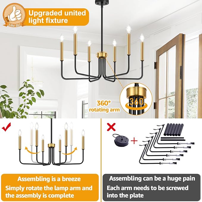 Black and Gold Chandelier, 6-Light Farmhouse Chandelier for Dining Room Lighting Fixtures Hanging, Dining Light Fixtures Industrial Modern Light Fixture for Bedroom, Foyer, Living Room and Entryway