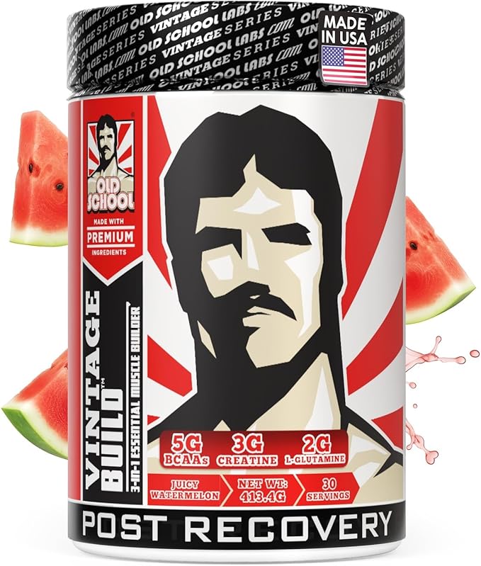 Old School Labs Vintage Build Post-Workout Recovery Powder Drink with BCAAs, Creatine & L-Glutamine to Support Muscle Recovery & Strength for Men & Women – Juicy Watermelon, 30 Servings