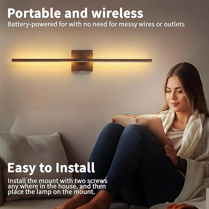 15800 mAh Battery Operated Wall Sconces with Remote Control Dimmable Rechargeable Battery Powered Cordless Wall Sconces Set of Two 3000K LED Walnut Wood Wireless Wall Light for Hallway Bedroom