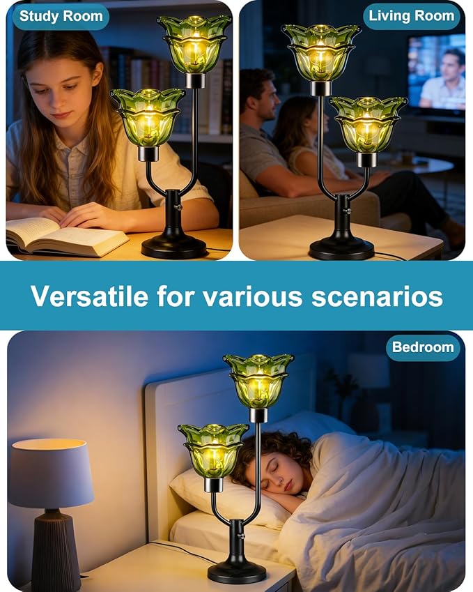 Lightdot Green Glass Flower Table Lamp Dimmable Nightstand Lamp Mid Century Modern Vintage Black Desk Lamp 2 Bulbs Included Warmwhite Ambient Bedside Lamp for Living Room Bedroom Home Office Decor