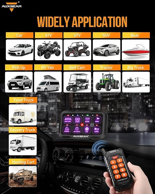 Auxbeam 8 Gang Switch Panel RC-800 RGB Wireless Remote Control Range Up to 165FT Multifunction Switch Pod 3 lighting modes with Backlit Off and Auto Dimmable for RV Offroad Waterproof 3 Years Warranty