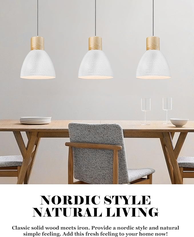 ELYONA 3 Pack White Hammered Pendant Lights for Kitchen Island 7” Small Nordic Solid Wood Hanging Light Fixtures, Modern Metal Pendant Light Fixtures for Bar, Dining Room, Bedroom, Hallway, Office