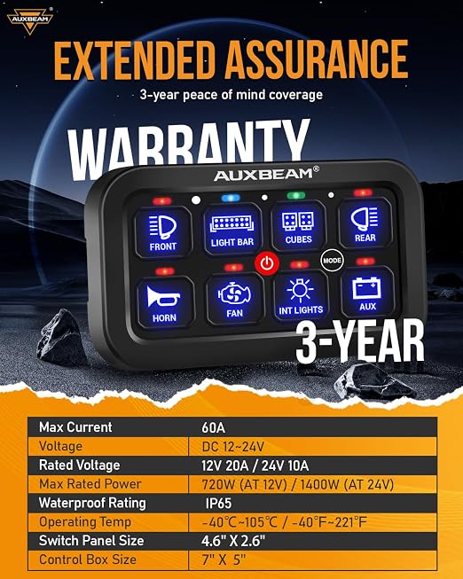 Auxbeam Switch Panel RB80 RGB 8 Gang Switch Panel Auto-Dimmable Multifunction Switch Panel w/Momentary Toggle Pulsed Memory, Aluminum Switch Panel for Truck Boat Car RV Waterproof, 3-Year Warranty