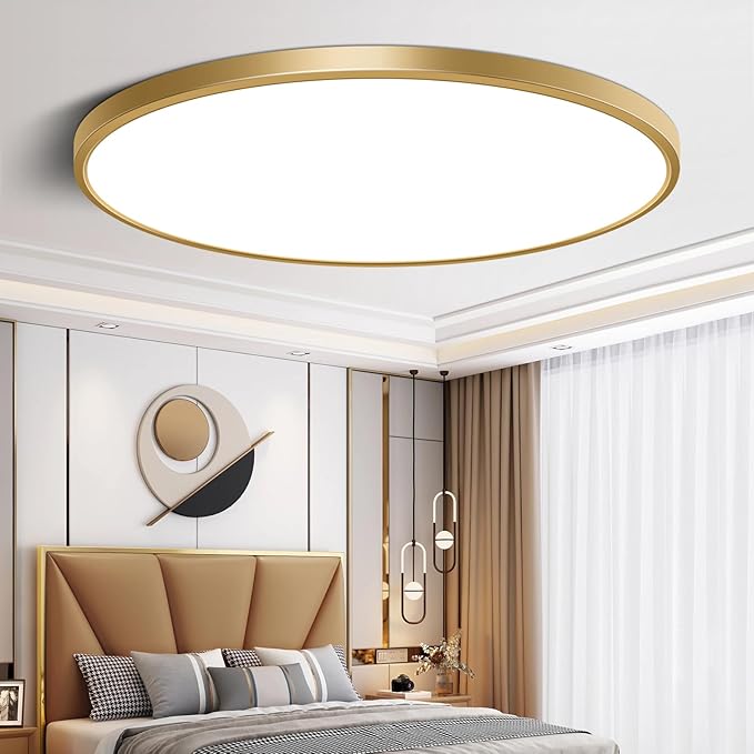 15.7 Inch Gold Flush Mount Ceiling Light Fixture, 5000K Daylight White, 32W 3800LM Bright LED Ceiling Light, Flat Round Light Fixtures Flush Mount for Bedrooms Living Rooms