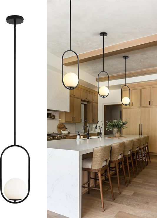 Yunnix Pendant Lights Kitchen Island, Pendant Light Fixtures, Modern Black Globe Glass Pendant Lighting, Mid Century Chandelier One Light for Bathroom Bedroom Dining Room(Bulb Not Included)