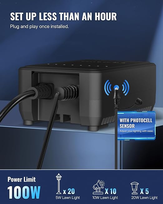100W Low Voltage Landscape Transformer, Weatherproof Outdoor Low Voltage Transformer, 120V AC to 12V DC, Landscape Lighting Transformer with Timer and Photocell Sensor, ETL Listed A02LT06