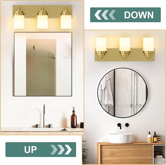 IZORRO Bathroom Vanity Light Fixture, 3-Light 22 Inch Gold Bathroom Light Fixtures Over Mirror, with White Glass Shade, Modern Farmhouse Vanity Lights, Rustic Restroom Lighting Fixtures