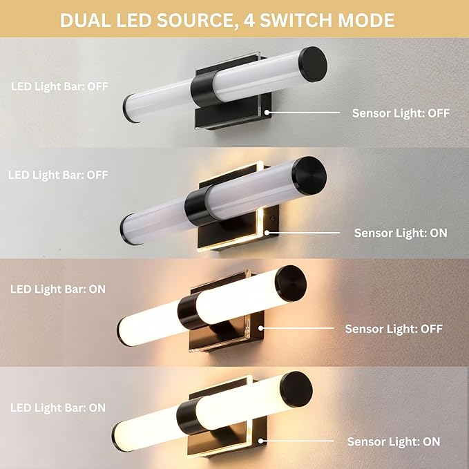 20 Inch LED Vanity Light Bar with Motion Sensor, Dual LED Source | 4 Lighting Modes (incl. Night Light) | 3000K Warm White, Dimmable, CRI 90+, 1040LM, ETL Listed (Matte Black)