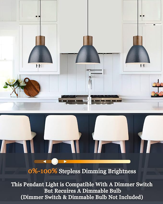 ELYONA 3 Pack Hammered Pendant Lights 7” Small Metal Solid Wood Hanging Light Fixtures Adjustable Height Industrial Pendant Lighting for Kitchen Island Dining Room Bedroom Bar Office, Modern Blue