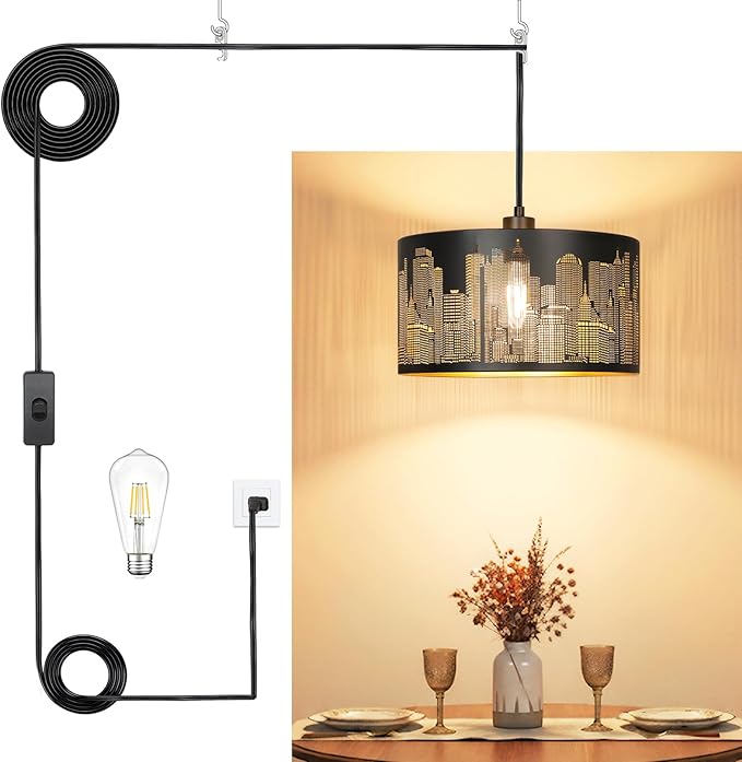 Qingmiao Plug in Pendant Light, Hanging Lamp Plug in with LED Bulb, 3-Way Dimmable Hanging Light Fixture for Living Room Bedroom Kitchen Ceiling Farmhouse Home Decor