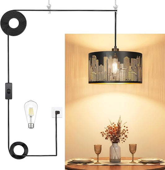 Qingmiao Plug in Pendant Light, Hanging Lamp Plug in with LED Bulb, 3-Way Dimmable Hanging Light Fixture for Living Room Bedroom Kitchen Ceiling Farmhouse Home Decor