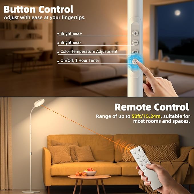 PACOVY Floor Lamp, Adjustable Height Floor Lamps for Living Room Bedroom, 252 LED Super Bright Standing Lamp Remote Control, Dimmable Gooseneck Tall Stand Reading Lamp Light for Office Craft, White