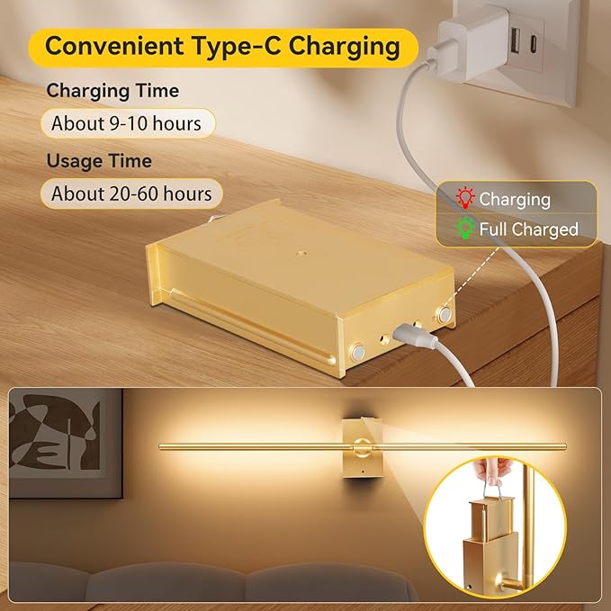 Ouyulong Battery Operated Wall Sconces Set of 2, 10000mAh Wireless Rechargeable 3000-6000K Dimmable 350° Rotate Wall Light with Remote for Living Room, Bedroom 31.6in Gold