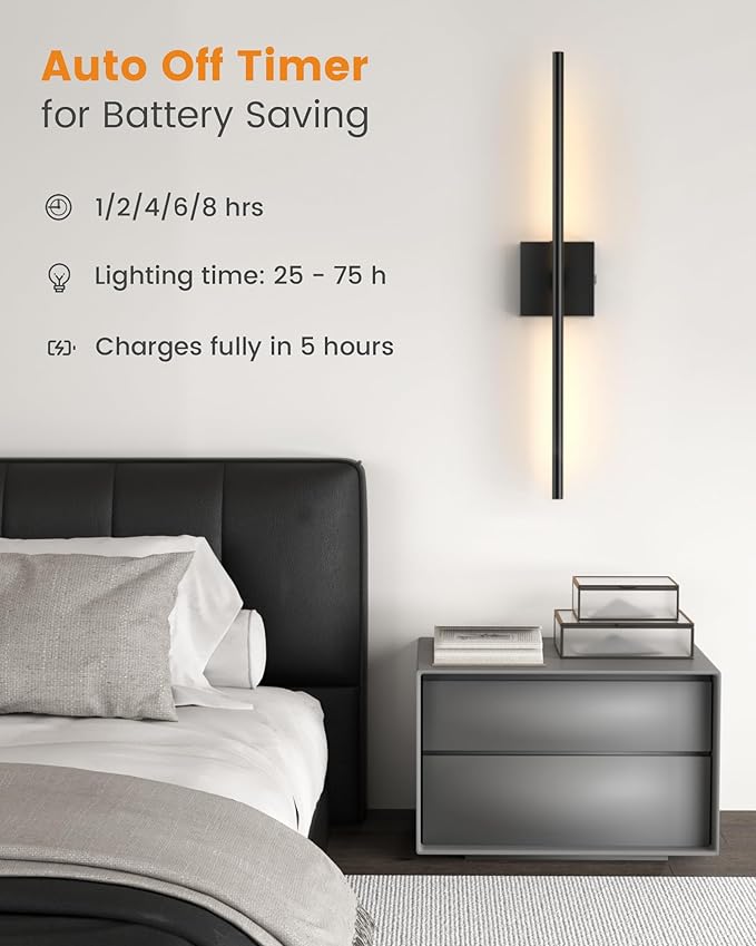 VOLISUN Battery Operated Wall Sconces Set of Two, Rechargeable Wall Sconces with Remote, 3000K-6500K Dimmable Battery Wall Sconce Decor, 27.6'' Wireless Wall Lights for Bedroom, Living Room(Black)