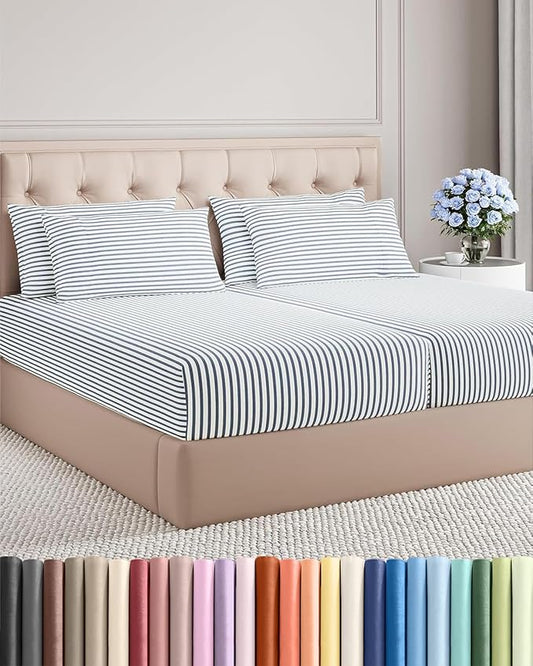 Split King 7 Piece Sheet Set - Comfy Breathable & Cooling - Soft Hotel Luxury Bedding Set w/ 8-16 Inch Deep Pockets - 1 Flat & 2 Fitted Sheet & 4 Pillowcases - Cozy and Wrinkle Free - Blue Stripes 2