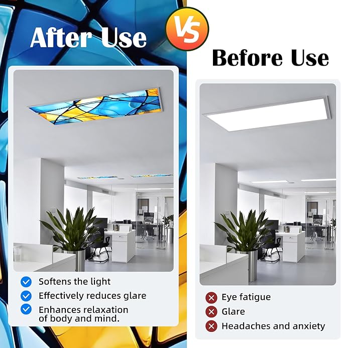 ANGSYLTH 8 Pcs Fluorescent Light Covers - 4 x 2 Feet Covers for Ceiling Lights, 8 x 10 Magnetic Light Filters for Classroom, Office, Hospitals (Colorful Art)