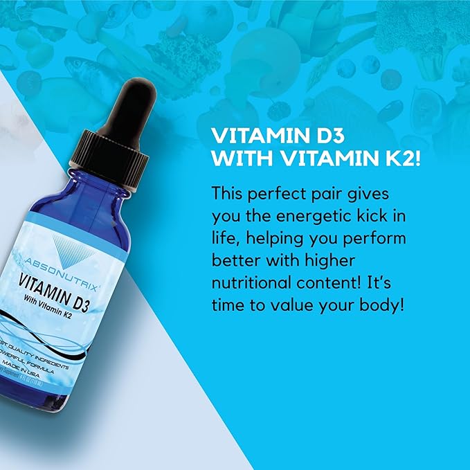 Gouttes de Vitamine D3 K2 Absonutrix, 390mg, 120 ml Liquide, 302 Doses, Fabriqué aux États-Unis, Absorption Rapide, Ingrédients Puissants de Qualité, Sans OGM, Certifié BPF, Produits Non Testés sur les Animaux, Compléments pour la Force des Os