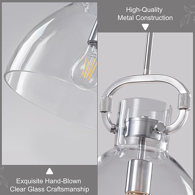 9.8'' Brushed Nickel Kitchen Pendant Lighting Over Island, Modern Pendant Lights Fixture,1-Light Adjustable Glass Pendant Lights for Kitchen Island Dining Room Bedroom E26