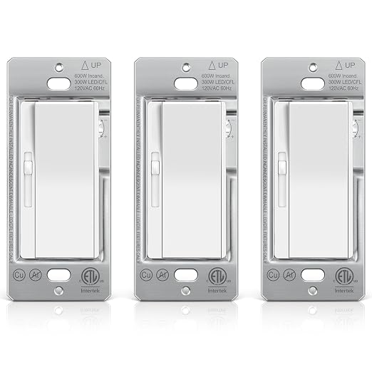 BESTTEN 3 Pack Slide Dimmer Light Switch, Quiet Rocker, Super Slim Single Pole or 3 Way Dimmable Switch, Max 300W LED, CFL, 600W Incandescent, ETL Listed, White