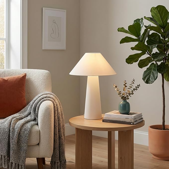 Novogratz x Globe 18" Ceramic Table Lamp, Matte Cream, Off-White Tapered Fabric Shade, in-Line Rocker Switch, 5 Ft. Clear Cord, Home Office, Desk, Living Room